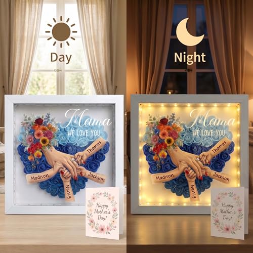 Personalized Mommy Holding Hands Flower Shadow Box with Ring & Manicure Custom Names Floral Heart Frame, Premium Gift for ...
