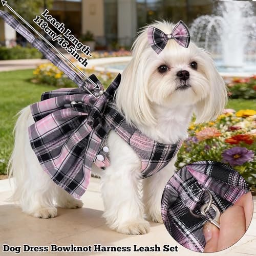 YKYUASD Dog Plaid Dress Harness and Leash Set with Pearls Bow Adjustable Puppy Dress Mesh Vest Bow Knot Pet Clothes for Cu...