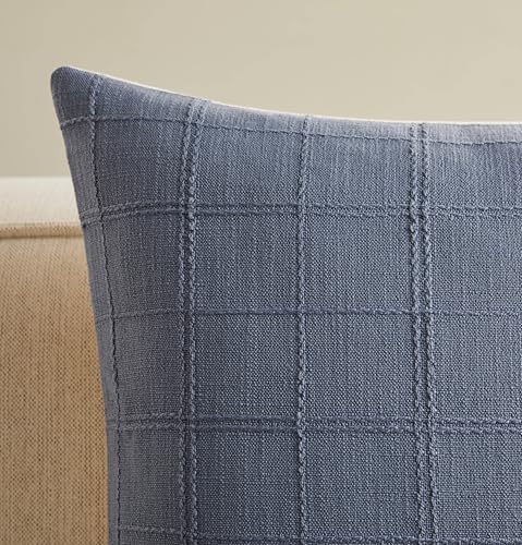 ZeeMart Linen Checked Throw Pillow Covers Set of 2, 18x18 Inch Blue/Cream, Farmhouse Decorative Single Sided Grid Embroide...