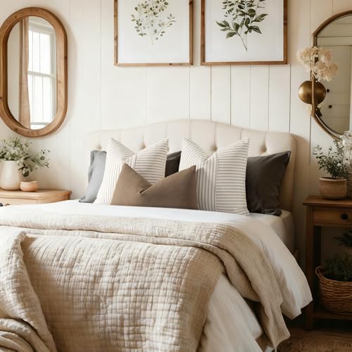 YCOLL Farmhouse Pillow Covers 20x20, Modern Accent Square Throw Pillow Covers Set of 2, Khaki and Beige Striped Patchwork ...