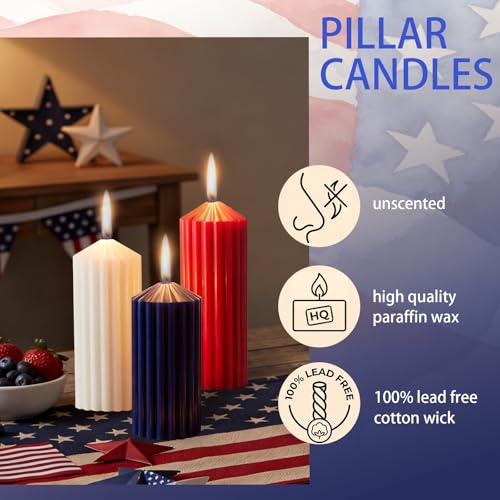 MTLEE Set of 3 Red White Blue Ribbed Pillar Candles 4th of July Ribbed Candles Set 5.91'' 6.89'' 7.87'' Wax Unscented Pill...