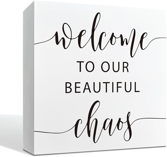 Modern Farmhouse Shelf Decor, Welcome to Our Beautiful Chaos White Wooden Box Sign for Tabletop Entryway Living Room Accen...