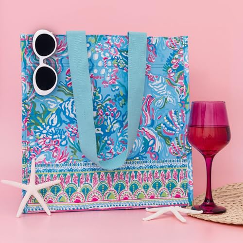 Lilly Pulitzer Blue/Green Market Shopper Bag, Reusable Grocery Tote with Comfortable Shoulder Straps, Aqua La Vista