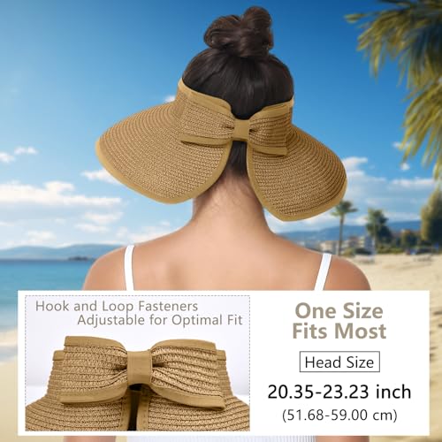 Sun Hats Visor for Women, UV UPF Straw Beach Hat Foldable Wide Brim Ponytail Summer Hats Packable Travel