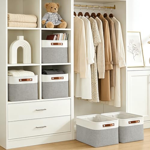 Bagnizer Storage Bins Large Fabric Storage Baskets for Shelves 3 Pack, Decorative Linen Closet Baskets with Handles for Or...