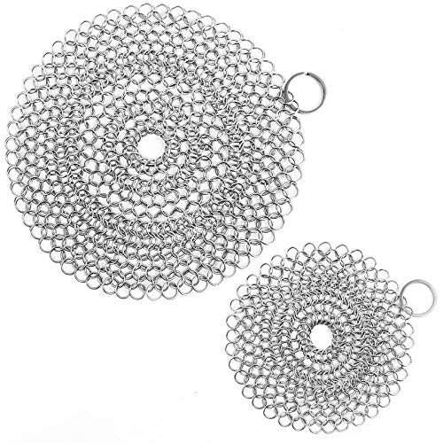ONEEKK Cast Iron Skillet Cleaner Chainmail,2 Pack Premium Stainless Steel Chain Maille Scrubber for Cast Iron Pans,Stainle...