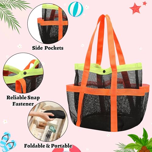 GQIRIL Mesh Beach Bag, Foldable Waterproof Sandproof Beach Storage Tote with 6 Pockets, Swim Tropical Vacation Pool Essential