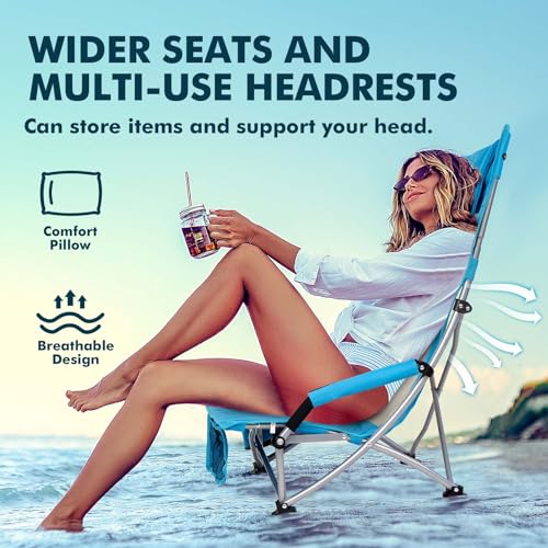 AKSOUL Folding Beach Chair for Adults: Low/High Back Chairs with Carry Bag - Extra Wide Seat Chair with Comfortable Pillow...