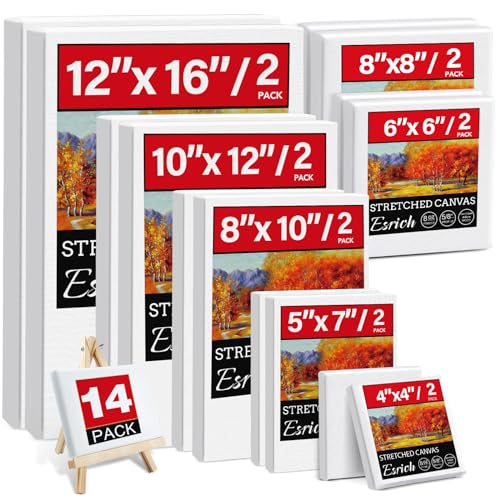 14 Packs Stretched Canvas for Painting, MultiSize 12x16, 10x12, 8x10, 5x7, 8x8, 6x6, 4x4 (2 of Each), Primed Blank Canvas ...