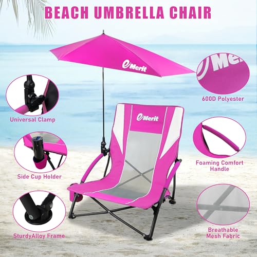 EMERIT Low Beach Chairs for Adults with Removable UPF 50+ Umbrella, Lightweight Folding Backpack Camping Chair with Cup Ho...