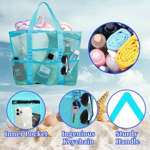 Yunaeduo Large Mesh Beach Bag - Lightweight & Foldable Family Beach Bag with 9 Pockets for Toys, Towels & Vacation Essentials