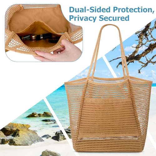 Iioscre Beach Bag for Women, Causal Hobo Pool Bags with Zipper Inner Pocket, Foldable Swim Tote Bag for Vacation Essentials