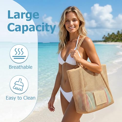 Iioscre Beach Bag for Women, Top-Handle Handbags with Zipper Inner Pocket,Foldable Swim Tote Bag for Vacation Essentials