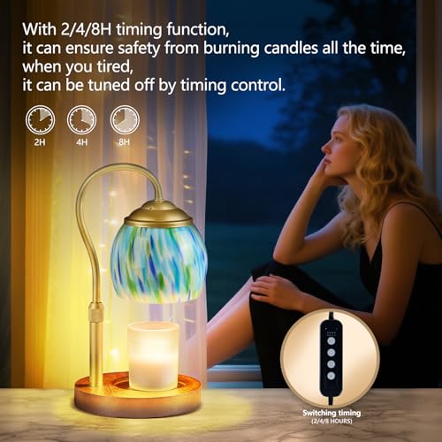 Blue Opal art glass Candle Warmer Lamp with Wood Base - Height Adjustable, 2/4/8H Timer, 4-Level Dimmer - Includes 2 GU10 ...