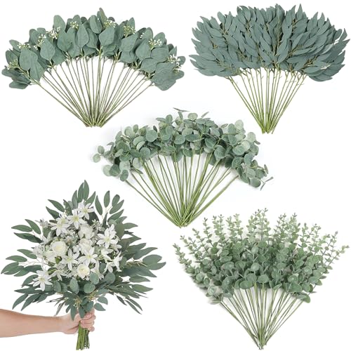 120 Pcs 4 Kinds Mixed Artificial Eucalyptus Leaves Stems Bulk Fake Silver Dollar Eucalyptus Bundle Faux Plants Greenery fo...