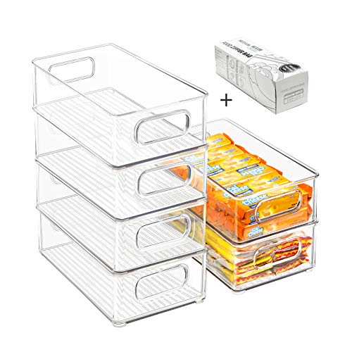 Stackable Refrigerator Organizer Bins, 6 Pack Clear Kitchen Organizer Container Bins with Handles and 20 PCS Plastic Bags ...