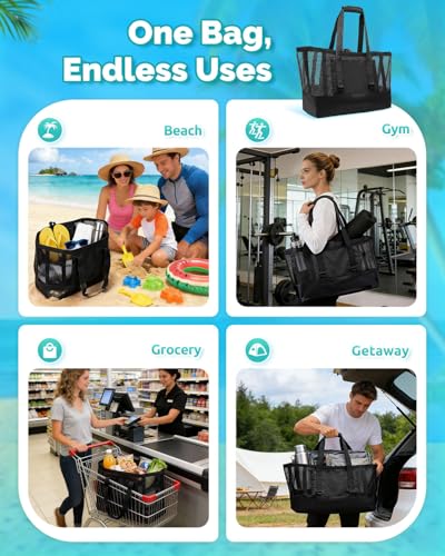 OnWander Large Mesh Beach Tote Bag - 50L Pool Bags with 2 Inner Zipper Waterproof Pockets for Swim Toys Towels Travel