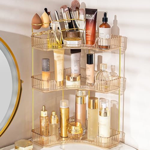 NATURE'S SOURCE Makeup Organizer for Vanity, 3-Tier Corner Bathroom Organizer Countertop with Makeup Brush Holder, Corner ...