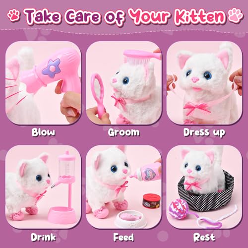 Golray Cat Toys for Kids Girls Gift, Electronic Interactive Plush Toy Cat Can Walk and Meow - 16 Pcs Carrier & Pet Groom F...