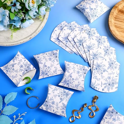 Moinchore 100 Pcs Blue Floral Pillow Boxes Kraft Paper Pillow Gift Boxes Candy Wedding Party Favors Blue Floral Candy Deco...