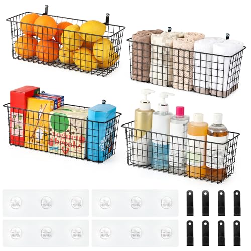 4 Set [EXTRA LARGE] Hanging Wall Mount Storage Baskets with Adhesive Hooks & Steel Hooks, Multiuse Sturdy Wire Metal Organ...