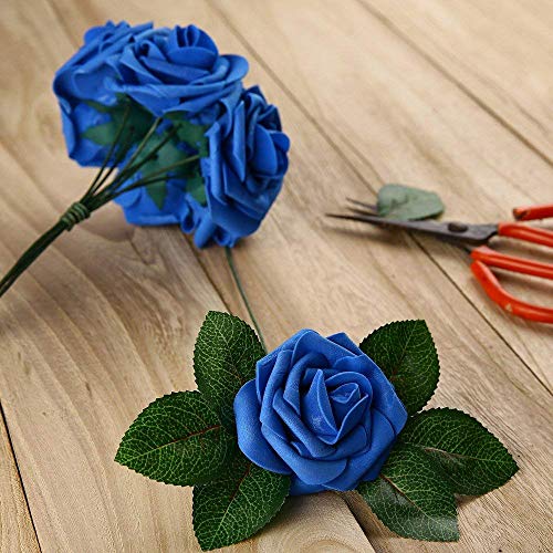 Higfra Artificial Flowers 25pcs Real Looking Royal Blue Foam Fake Roses with Stems for DIY Wedding Bouquets White Bridal S...
