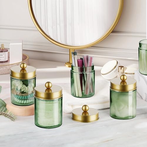 Amolliar Sage Green Apothecary Glass Jar With Metal Lid & Stickers, Bathroom Qtip Holder Storage Canister, Farmhouse Decor...