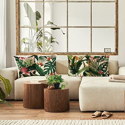 Bonhause Tropical Leaves Throw Pillow Covers 18x18 Set of 4 Green Palm Leaf Monstera Botanical Pillows Case Polyester Line...