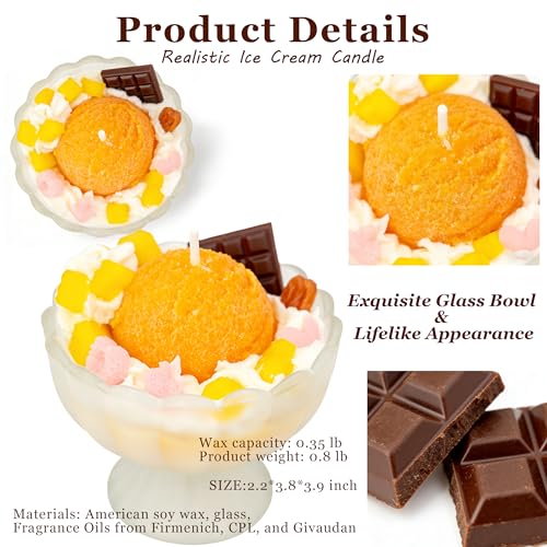 Decorative Ice Cream Sundae Candle, Mango Coconut Scented, White Bowl Design with Orange Topping