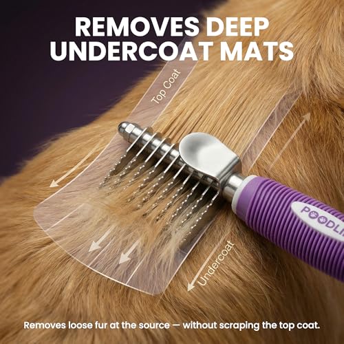 Poodle Dematting Fur Rake Comb Brush for Dogs and Cats - Long 2.5" Steel Safety Blades Metal Comb for Detangling Matted or...