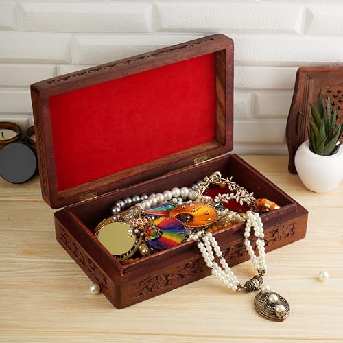 Ajuny Wooden Handcarved Decorative Jewelry Storage Box Flower Design Multipurpose Treasure Chest Keepsake Organizer Neckla...