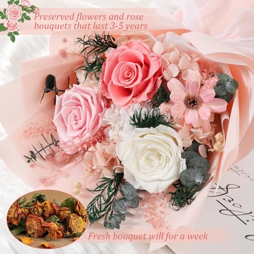 Flowers for Delivery Prime Preserved Flowers Bouquet with Vase That Last 3-5 Years Real Forever Flowers Pink Rose Bouquet ...