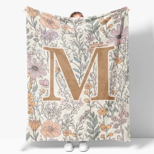 JXREQ Throw Blanket Initial Letter M Personalized Monogrammed Gifts for Women Teen Girls Frends, Boho Floral Throw Blanket...