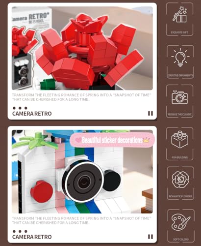 Gearblox 6 Set Mini Flower Cameras Micro Bricks Building Toy Set Collectible Cute Camera Miniature Toys Models Creative Gi...