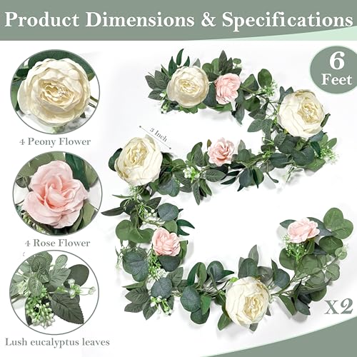 2 Pack 13Ft Artificial Eucalyptus Flower Garland with 16 White Peony Pink Rose, Baby Breath Fake Flowers Greenery Garland ...