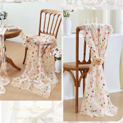 JIALE Champagne Floral Table Runner, Embroidery Daisy Seasonal Table Decorations, 120Inch 10FT 1PC Gold Tulle Fabric for H...