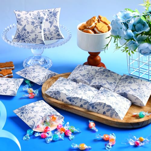 Moinchore 100 Pcs Blue Floral Pillow Boxes Kraft Paper Pillow Gift Boxes Candy Wedding Party Favors Blue Floral Candy Deco...