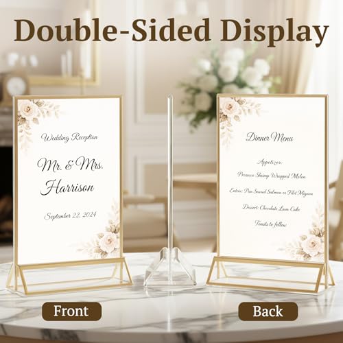 EHWINE 12 Pack Acrylic Sign Holder 4 x 6, Double Sided Gold Picture Frame Stand up Table Top Sign Holders, Clear Display S...