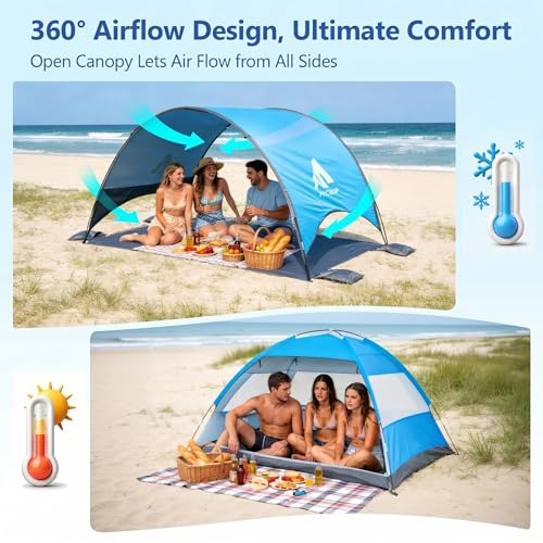 Flycoop 2026 Upgraded Beach Umbrella Canopy with UPF 50+ UV Protection – Portable Beach Tent for Sun, 360° Ventilation, 4 ...