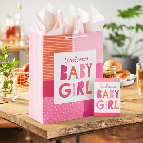 Hallmark 15" Extra Large Gift Bag with Card and Tissue Paper for Baby Shower (Welcome Baby Girl, Pink and Orange) for New ...
