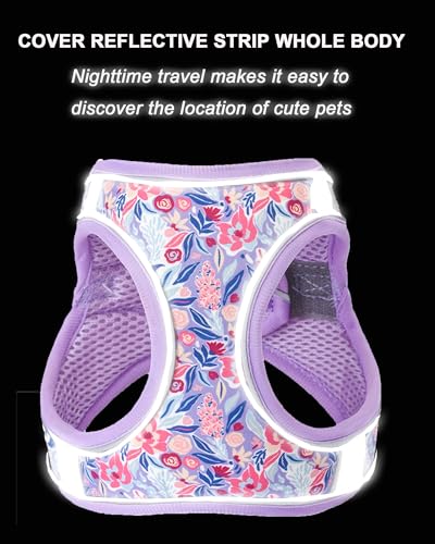 JUFOO M Light Purple Flower Pattern Dog Harness and Leash Set,No Escape Puppy Harnesses for Training Walking，Breathable Ad...