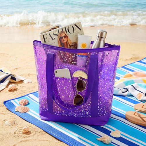Sanwuta Clear Star Tote Bag for Women, Security Approved Large Tote Shoulder Beach Bag with Zipper for Travel Work