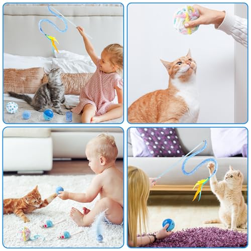 MALLMALL6 Cat Toy Set Interactive Cat Toys 10Pcs Pack Including Cat Springs Feather Teaser Wand Mice Crinkle Balls and Pet...