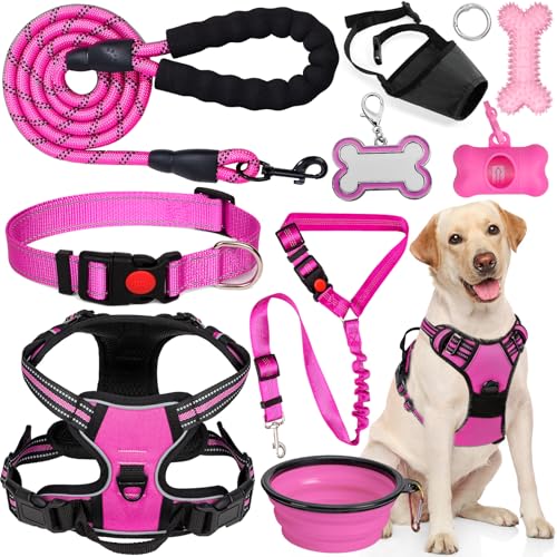 YXFDOYT No Pull Dog Harness Adjustable Collar & Leash Set - Dog Halter Harnesses Collapsible Bowls & Poop Bag Dispenser Mu...