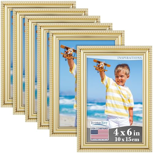 Icona Bay 4x6 Picture Frames (Gold, 6 Pack), Beautifully Detailed Molding, Contemporary Picture Frame Set, Wall Mount or T...