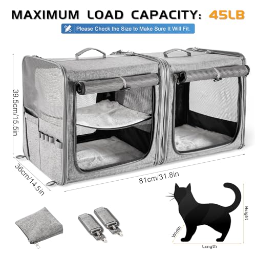 Suertree Large Cat Carrier for 2 Cats with Zipper Locks, Double Cat Carrier with Travel Litter Box, Soft Pet Travel Carrie...