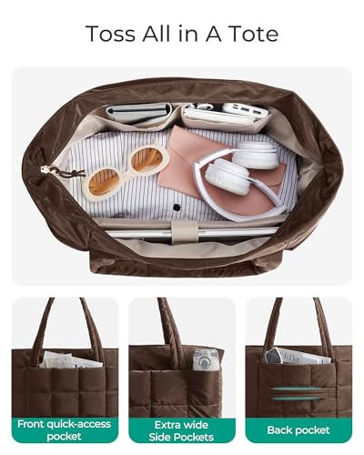 BAGSMART Expandable Tote Bag for Women, Puffer Work Tote Handbag, Quilted Carry On Bag for Travel Gym