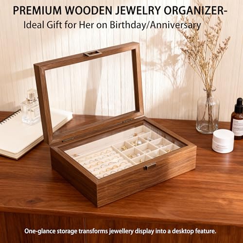 QINGTUHOME 2-Layer Glass Lid Walnut Jewelry Box for Women, Vintage Style Solid Wood Jewelry Organizer and Display Case, Id...