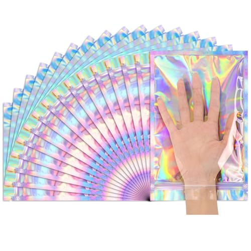 Funfery 6.3x9.4in Smell Proof Holographic Resealable Bags,Mylar Foil Bags with Zipper,Iridescent Party Favor Bag for Goodi...