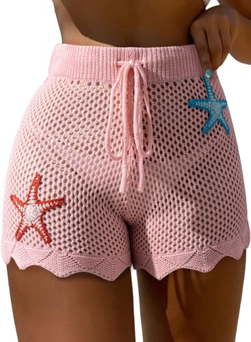 Dokotoo Womens Swim Shorts 2026 Embroidery Color Block Crochet Hollow Out High Waist Drawstring Beach Shorts Beach Cover Up